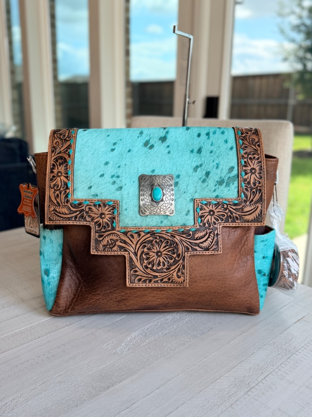 American Darling Western Messenger Bag Hand Tooled Floral Leather & Hair-On Hide
